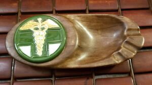 Vintage 1970 Ceramic Doctor's Ashtray W/ Green Cross & Gold Caduceus 6.5"x3"x1"